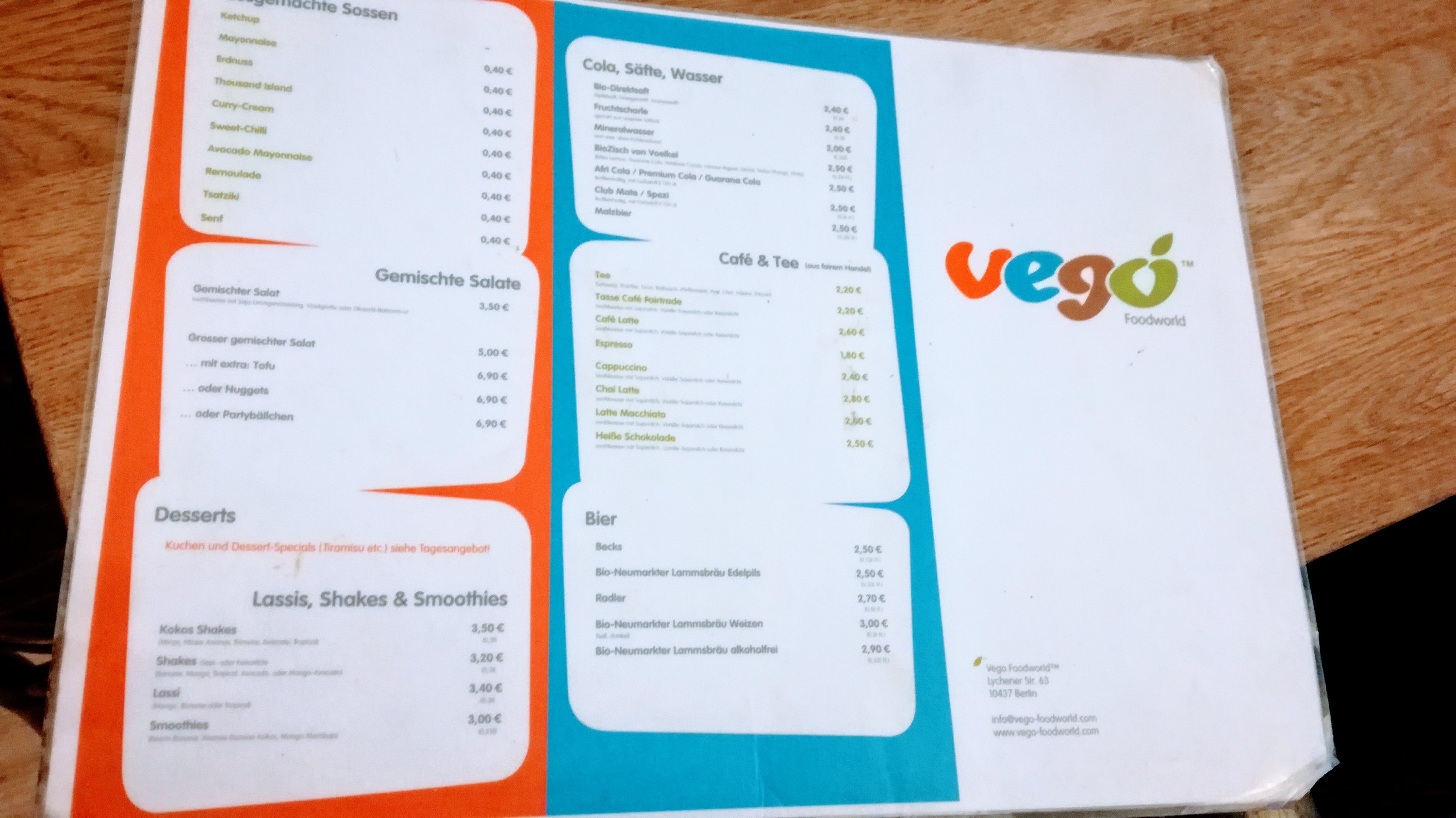 Menù- Vego Foodword - Berlino