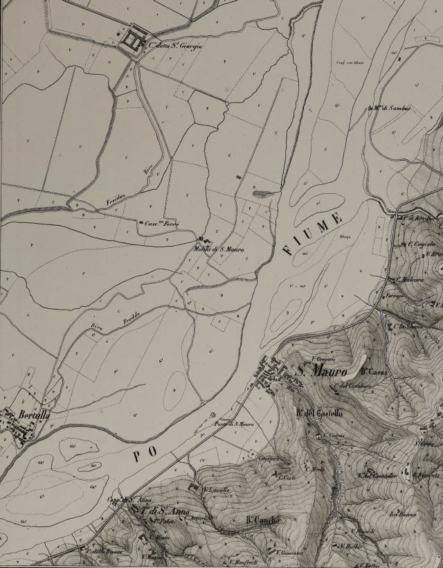 Particolare della Mappa “S. Mauro” 1850 Stamperia litografica M. Doyen e Comp: Dettaglio zona Bertulla-Porto-Oltre Po